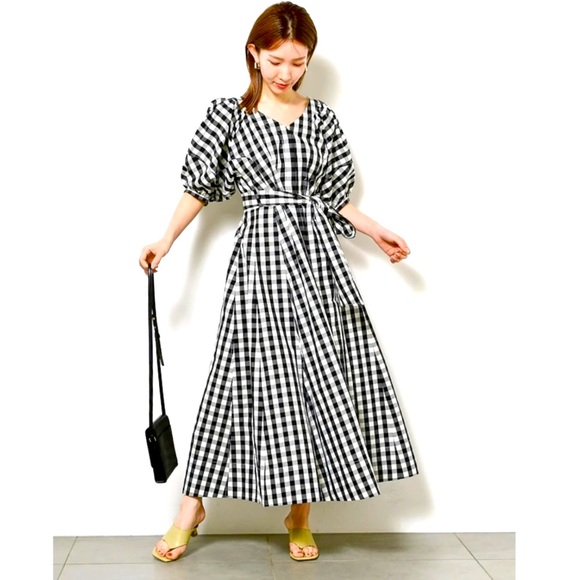 Snidel Dresses & Skirts - NWT SNIDEL Cotton Linen Puff Sleeve Gingham Black White Maxi Dress Small